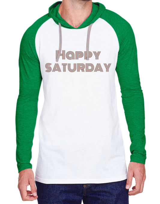 Happy Saturday Clothing Co. "Happy Saturday" White & Green Hooded Raglan Long Sleeve Tee Stock