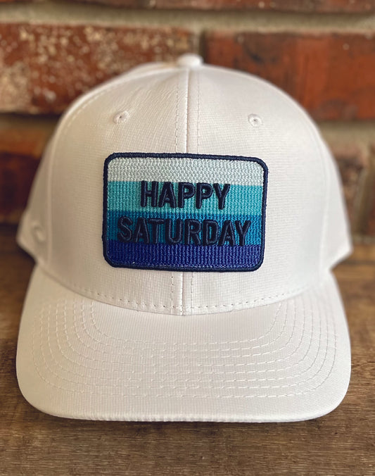 Pukka UV Lite Tech Fabric "Happy Saturday" White With Blue Patch Adjustable Hat