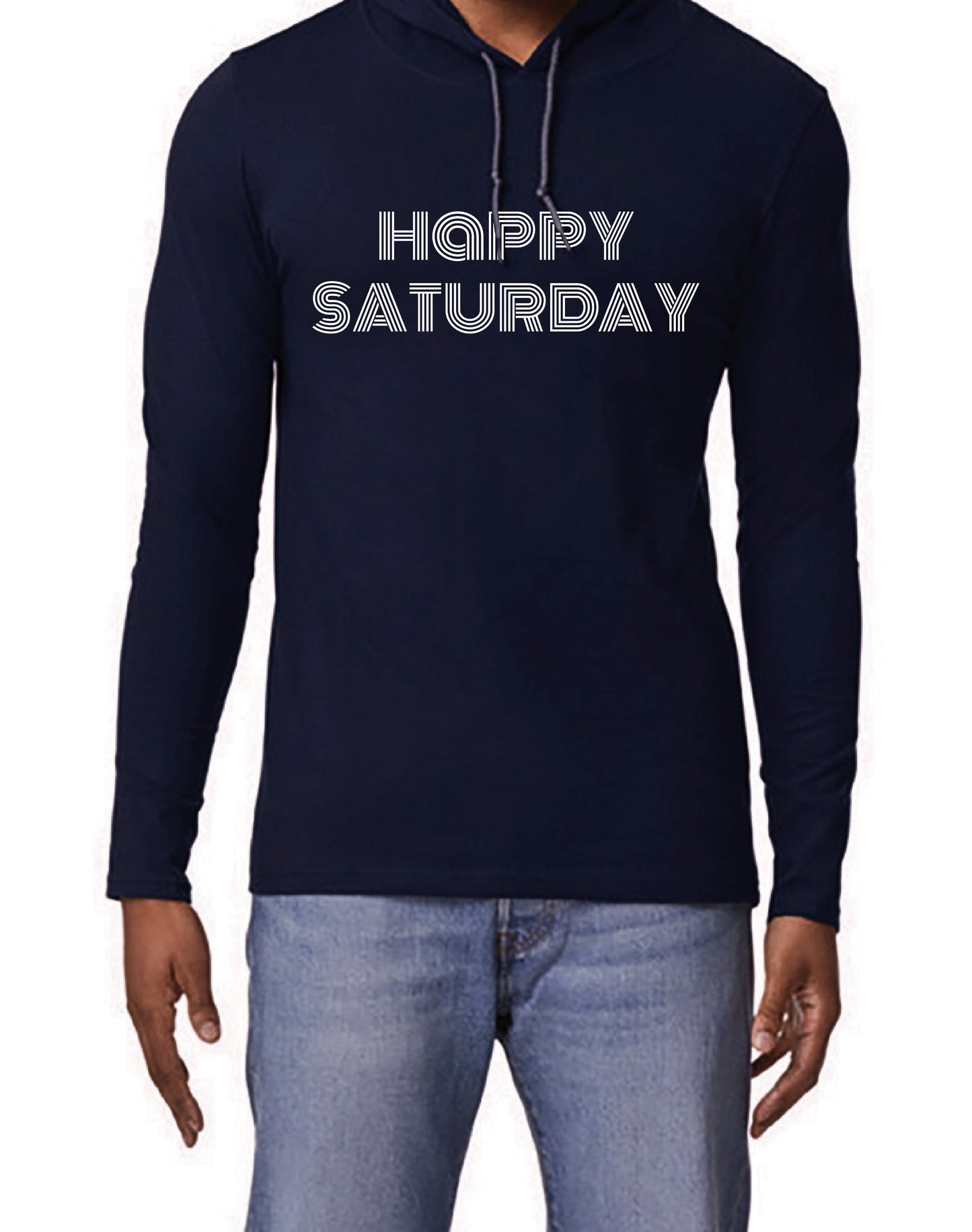 Happy Saturday Clothing Co. "Happy Saturday" Navy Hooded Long Sleeve Graphic Tee Stock