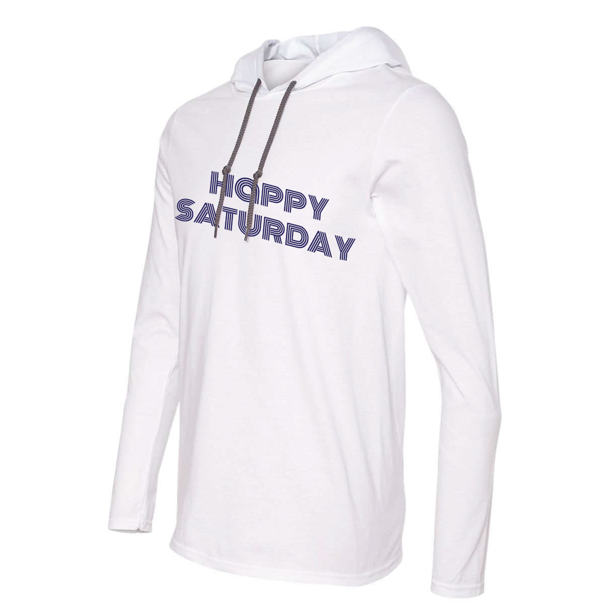 Happy Saturday Clothing Co. "Happy Saturday" White Hooded Long Sleeve Graphic Tee 2