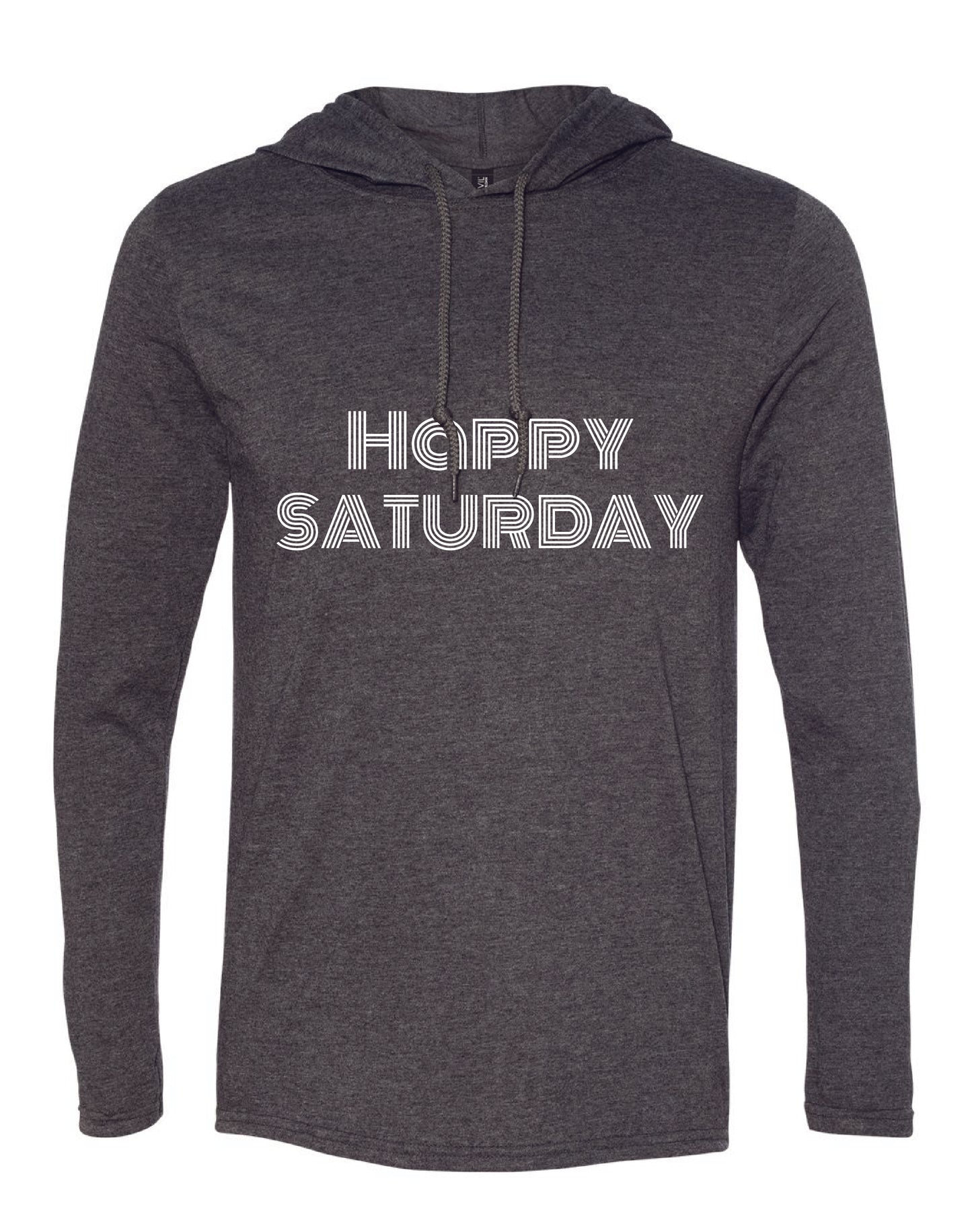 Happy Saturday Clothing Co. "Happy Saturday" Grey Hooded Long Sleeve Graphic Tee