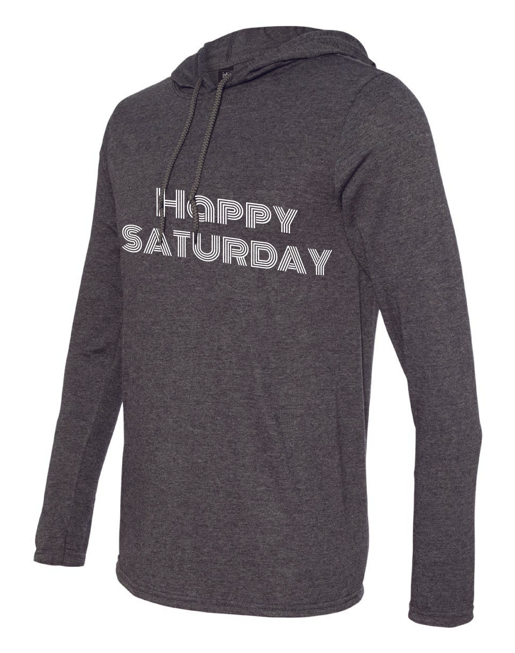 Happy Saturday Clothing Co. "Happy Saturday" Grey Hooded Long Sleeve Graphic Tee 1